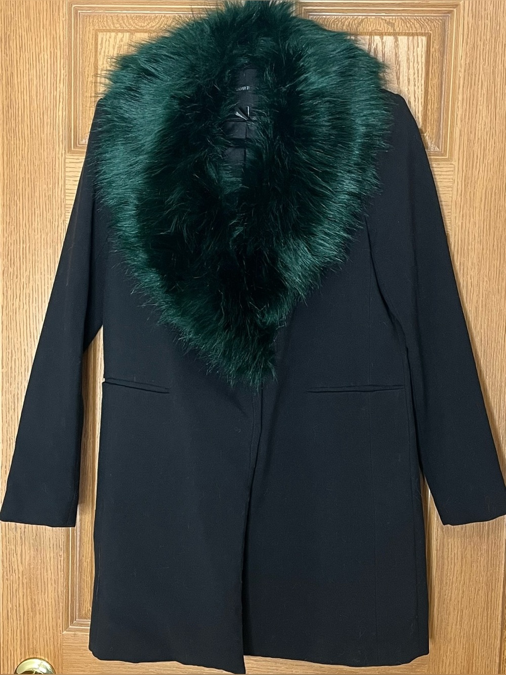 Forever 21 Black Pea Coat with Dark Green Faux Fur Collar